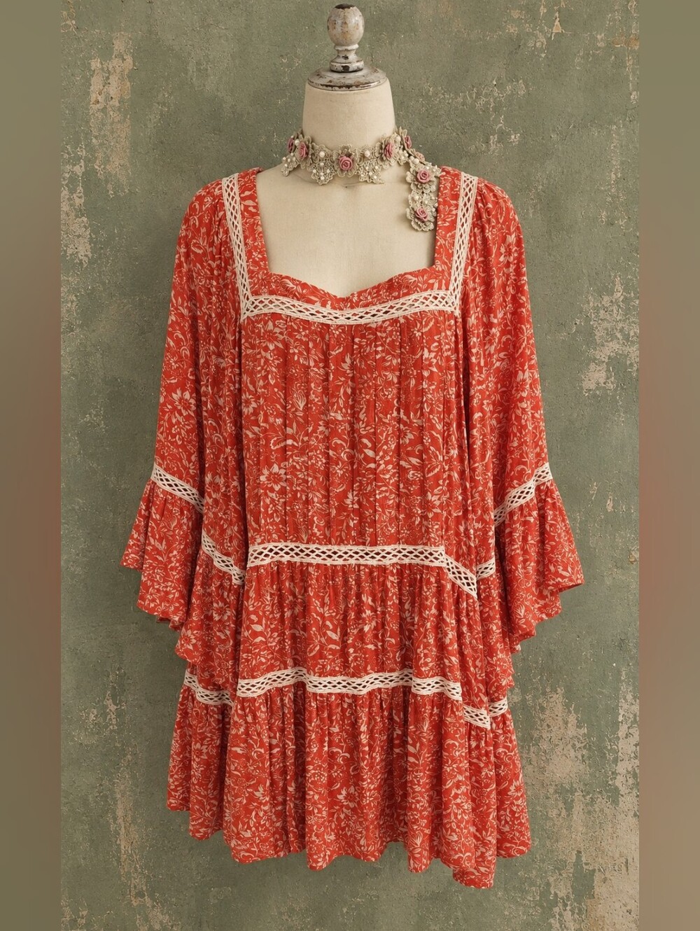 Free People Dolman Bohemian Floral Tiered Peasant Dress Tunic Top SZ L NWOT